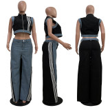 Casual Wide-Leg Denim Jumpsuit with Stretchy Straps