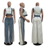 Casual Wide-Leg Denim Jumpsuit with Stretchy Straps