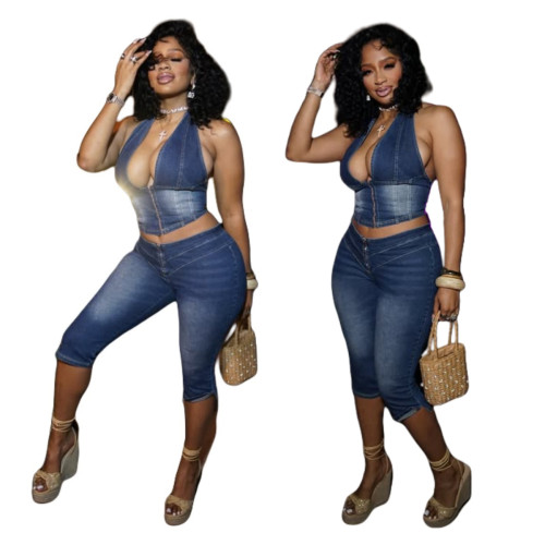 Stretchy Strapless Tie-Front Denim Culottes Set