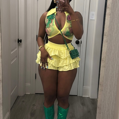 Stretchy Ruffle Hem Shorts Set