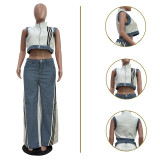 Casual Wide-Leg Denim Jumpsuit with Stretchy Straps