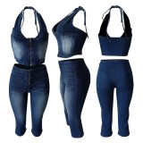 Stretchy Strapless Tie-Front Denim Culottes Set