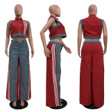 Casual Wide-Leg Denim Jumpsuit with Stretchy Straps