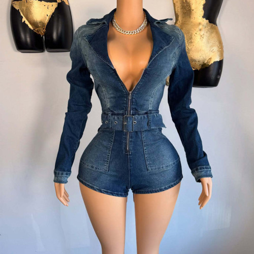 Zipper Color-Block Stretch Denim Jumpsuit with Tie Shorts