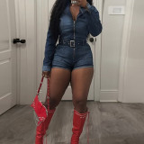 Zipper Color-Block Stretch Denim Jumpsuit with Tie Shorts