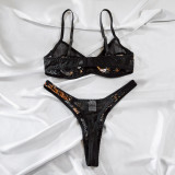 Lace & Print Color-Blocking Sexy Bra Set
