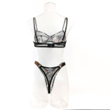 Lace & Print Color-Blocking Sexy Bra Set