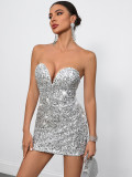 Sparkling Sequin Off-Shoulder Deep V Bodycon Mini Dress for Party