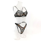 Lace & Print Color-Blocking Sexy Bra Set