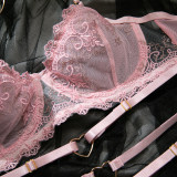 Pink Embroidered Sexy Lingerie Set