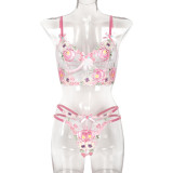 Floral Embroidered Two-Piece Set with Cute Bow Underwear Lace Bra Set