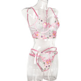 Floral Embroidered Two-Piece Set with Cute Bow Underwear Lace Bra Set