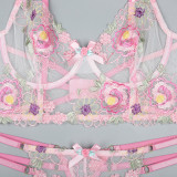 Floral Embroidered Two-Piece Set with Cute Bow Underwear Lace Bra Set
