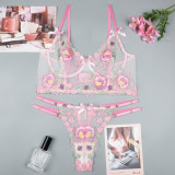 Floral Embroidered Two-Piece Set with Cute Bow Underwear Lace Bra Set