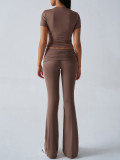 Casual Solid Color Slim Fit Short Sleeve and Long Pants Set