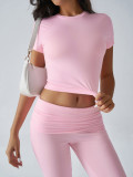 Casual Solid Color Slim Fit Short Sleeve and Long Pants Set