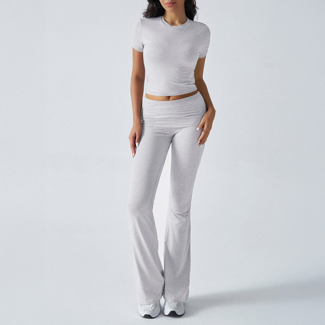 Casual Solid Color Slim Fit Short Sleeve and Long Pants Set