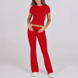 Casual Solid Color Slim Fit Short Sleeve and Long Pants Set