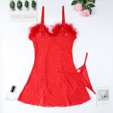 Sparkling Rhinestones Feather Patch Sheer Lace Women Bodycon Lingerie Dress