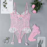 Cute Pink Lace Bodysuit With Sheer Stockings