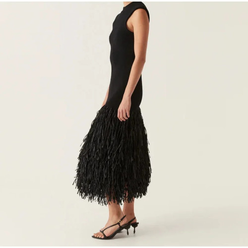 Solid Color Raffia Patchwork Knit Midi Skirt