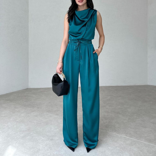 IHOOV Sleeveless Neck Top Shirt and Wide-Leg Pants Set Two-Piece Set for Women