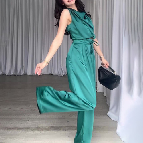 IHOOV Sleeveless Neck Top Shirt and Wide-Leg Pants Set Two-Piece Set for Women