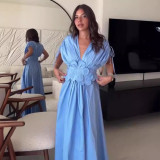 Blue V-Neck Waist-Tie Maxi Dress with 3D Floral & Bow for Resort Holidays