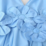 Blue V-Neck Waist-Tie Maxi Dress with 3D Floral & Bow for Resort Holidays