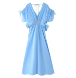 Blue V-Neck Waist-Tie Maxi Dress with 3D Floral & Bow for Resort Holidays