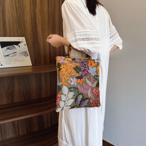 Bamboo Handle Evening Bag with Colorful Sequins and Embroidery