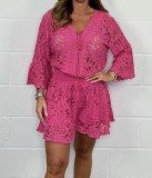 Crochet Top & Red Crochet Shorts Set