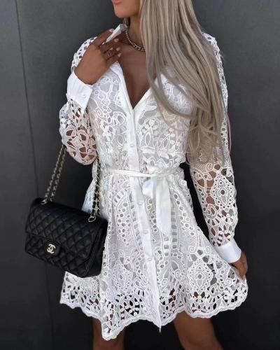 Embellished Buttons & Ruffled Edges Lace Waist Belt Cardigan Dress