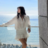 Elegant V-Neck Lace Sleeve Fit-and-Flare Dress with Classic Collar