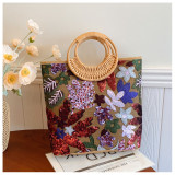 Sequin Straw Weaving Tote Bag with Embroidery