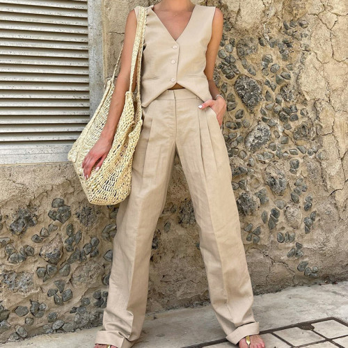 Cotton-Linen Sleeveless Vest Top and Straight-Leg Two-Piece Set