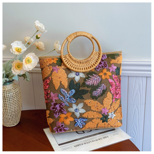 Sequin Straw Weaving Tote Bag with Embroidery