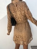 Embellished Buttons & Ruffled Edges Lace Waist Belt Cardigan Dress