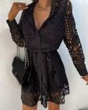 Embellished Buttons & Ruffled Edges Lace Waist Belt Cardigan Dress