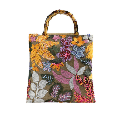 Bamboo Handle Evening Bag with Colorful Sequins and Embroidery