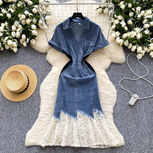 Mesh Hem Denim Dress for Women Summer
