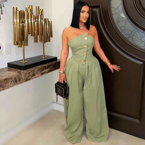 Sexy Strapless Metallic Button Wide-Leg Jumpsuit for Women