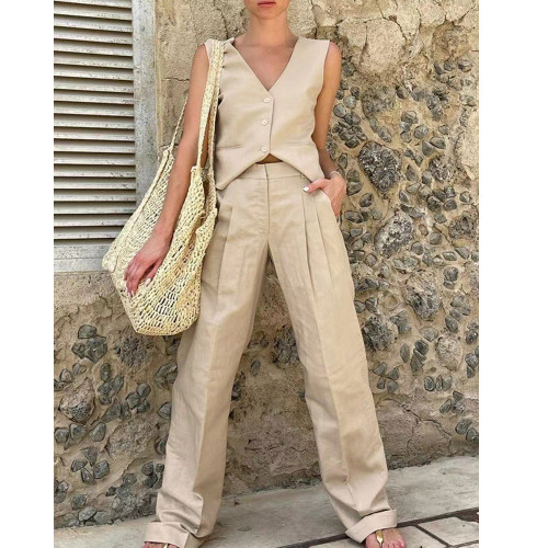 Cotton-Linen Sleeveless Vest Top and Straight-Leg Two-Piece Set