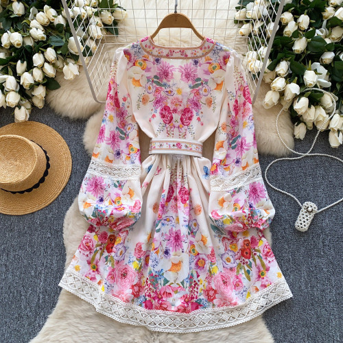 Vintage Lace-Panel V-Neck Waist-Cinching A-Line Mini Skirt