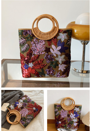 Sequin Straw Weaving Tote Bag with Embroidery