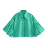 Casual Loose Fit Striped Lantern Sleeve Cropped Shirt for Women