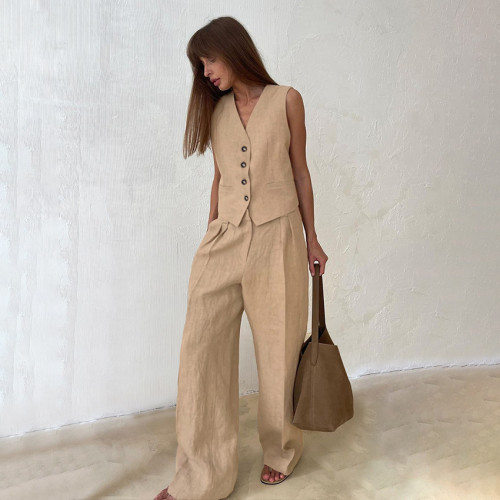Elegant Cotton-Linen Two-Piece Suit Set for Women