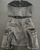 Off-Shoulder Cropped Button-Front Stretch Wash Denim Set for Women