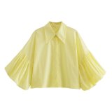 Casual Loose Fit Striped Lantern Sleeve Cropped Shirt for Women