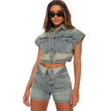 Casual Stretch Denim Color-Block Two-Piece Set for Women